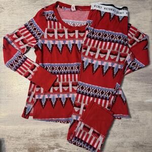 EUC Victoria’s Secret Red Blue Patterned Waffle Knit Pajamas Size Medium